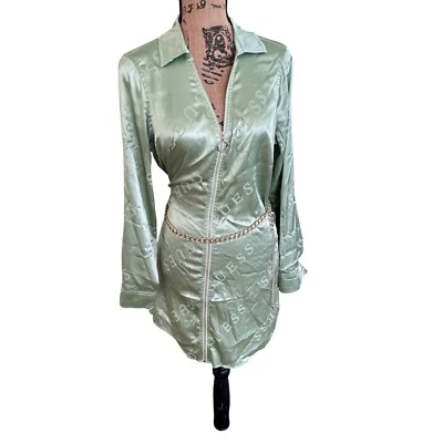 Guess Silky light green Mini Dress Full Zip Long Sleeve Logo Print Shirt Dress - Image 1 of 4