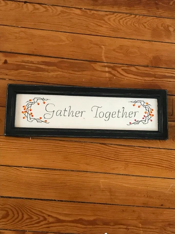 Estate Embroidered GATHER TOGETHER Orange & Red Flowers on Linen in Black Wood Cover