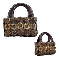 Vintage 00s Small Carved Coconut Shell Tiled Bead Mini Bag Handbag Wood Handle