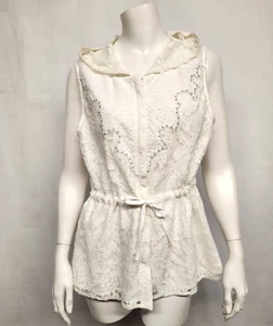 Miss Me Size L White Lace Zip Up Sleeveless Hoodie Top w/Small Silver Beads - Picture 1 of 12