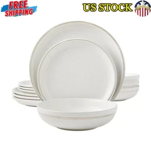 Stoneware Dinnerware Set 12 Pcs Dishwasher Microwave Safe Service 4 Round White - Picture 1 of 7