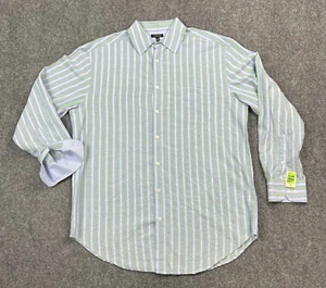 J Peterman Shirt Men Large Blue Green Striped Cotton Preppy Casual Button Up - Picture 1 of 15