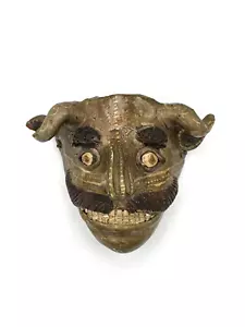 Vintage Smiling Devil With Mustache Ceramic Mask Horned Figure 7"X9" - Picture 1 of 9