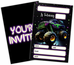 Monster Truck Theme Birthday Invitations, 20 Count, 4 X 6 Inches, Coated Paper, - Picture 1 of 4