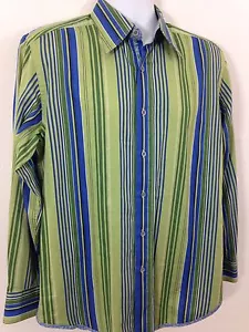 Robert Graham Lorient Size Medium Green Blue Striped Shirt Mulin Silk Trim - Picture 1 of 12