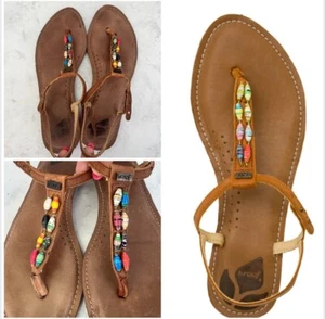Damen-Sandalen Reef T-Riemen Größe 8 braun Leder mehrfarbig Perlen - Bild 1 von 9