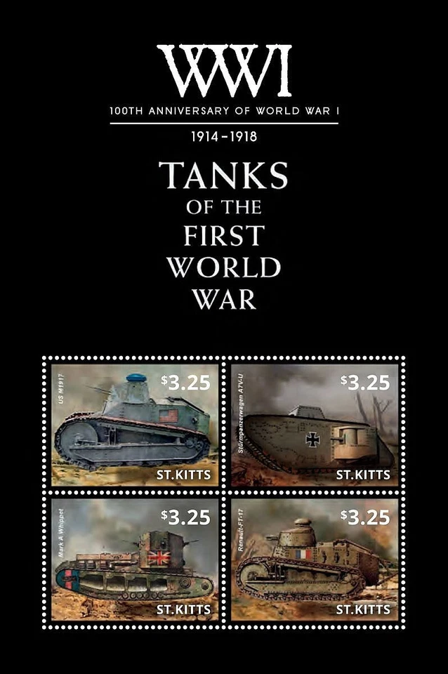 WWI 1914-1918 TANKS OF THE FIRST WORLD WAR MNH Tank Stamp Sheet #1 2014 St Kitts — 第 1/1 张图片