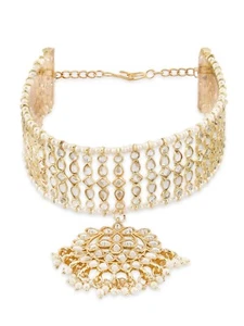 Indian Wedding Gold Tone Kundan & Pearls Bridal Matha Patti Style Maangtikka New - Picture 1 of 7