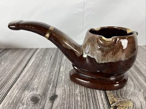 Tobacco Pipe Shaped Ceramic Ashtray 9” Gold Leaf Trim - Picture 1 of 7