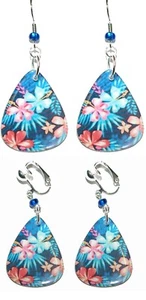 Beautiful Hawaiian Flowers Guitar Pick Pierced or Clipon Dangle Earrings (GP043) - Picture 1 of 3