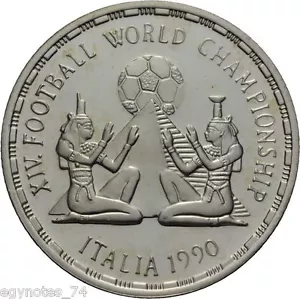 EGYPT , SILVER 5 POUNDS FOOTBALL WORLD CHAMPIONSHIP 1990 PROOF ( MS-2 ) , RARE - Picture 1 of 2