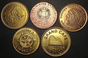 Our Lot "Z" 5 brass/copper tokens of various subjects NICE - Picture 1 of 7
