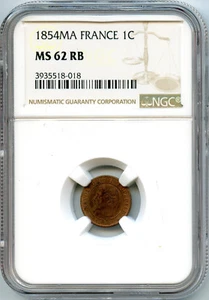 France Napoleon III 1 Centime 1854 MA Marseille NGC MS62 RB - Picture 1 of 2