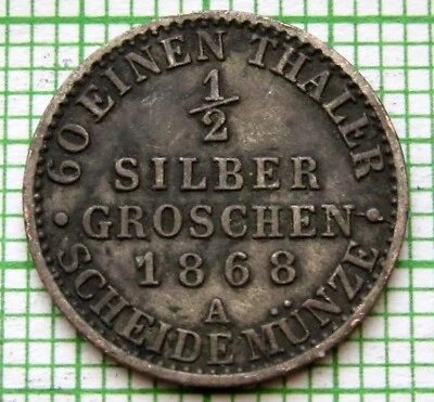 PRUSSIA GERMAN STATES WILHELM I 1868 A 1/2 Silbergroschen BILLON PATINA - Image 1 of 4