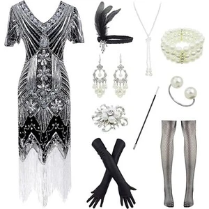 Vestido de cóctel Gatsby con lentejuelas de 1920 mediano negro plateado - Imagen 1 de 7