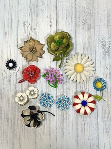 Vintage Enamel Flower Brooches Clip On Earrings Lot (11) MCM Pin Retro Floral - Picture 1 of 24