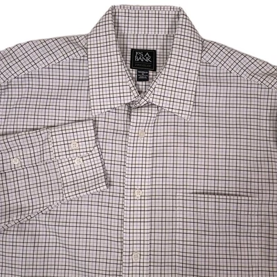 Jos A Bank Traveler Shirt Mens Medium Tailored Fit White Purple Black Check  - Image 1 of 4