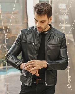 Black Racer Leather Jacket Men Biker Moto Pure Real Lambskin Leather Coat - Picture 1 of 7