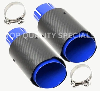 BLUE Carbon Fiber Exhaust Muffler Tips 2.5" Inlet 3.5" Outlet 6.3" Long Tip PAIR - Image 1 of 4