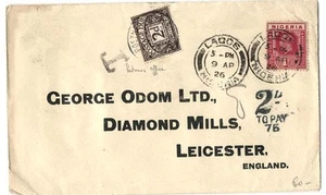Nigeria 1926 Neat underpaid cover to UK, franked 1d 'T' marking & 2d GB due - Picture 1 of 1