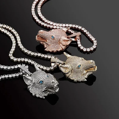 Collares colgantes Hip Hop Iced Bling cabeza de lobo circonita cúbica cadena para hombre joyería de moda NUEVO Foto 1 de 4