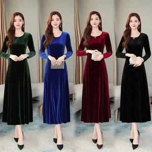 Women Formal Faux Velvet Swing Winter Long Sleeve A Line Ball Gown Party Dress - Picture 1 of 13