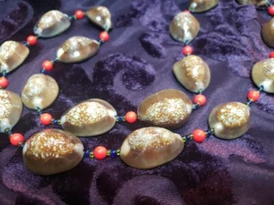 Collar Cowrie 1970 28" rojo amarillo azul cuentas de semillas - Imagen 1 de 6
