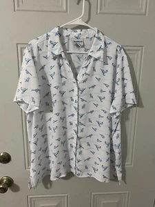 Bonworth Petite XLP Dressy Button Up Blouse Bird Print Short Sleeve L49 - Picture 1 of 7