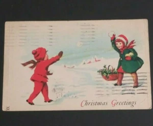 Children Throwing Snowballs Christmas Greetings JPNY Vtg Postcard c1920s - Picture 1 of 6