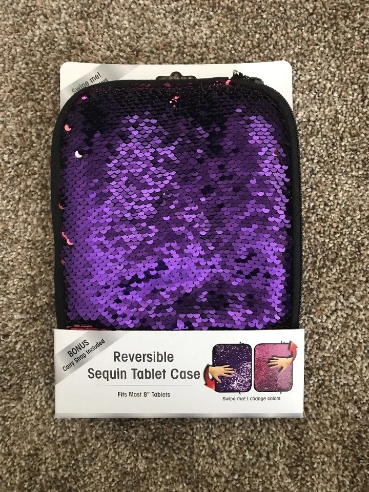 NUEVO EN CAJA Funda para Tableta Reversible Lentejuelas 8" Correa de Transporte para Tableta Sirena Rosa Púrpura Foto 1 de 4