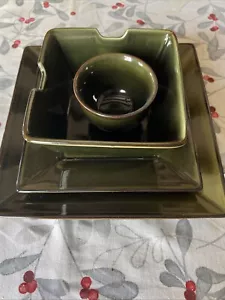 Pottery Barn ASIAN SQUARE 4 Piece One Place Setting Celadon Green Brown Trim - Picture 1 of 1