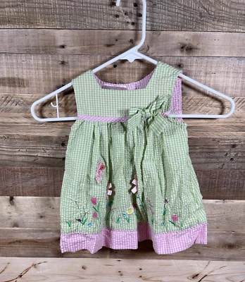 Vestido Samara Verde Rosa Seersucker Lazos Floral Niñas 18 Meses Algodón Sin Mangas Foto 1 de 4