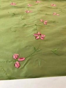 Green Taffeta Faux Silk with Raised Pink Flowers Fabric- 1 YARD PIECE - Picture 1 of 7