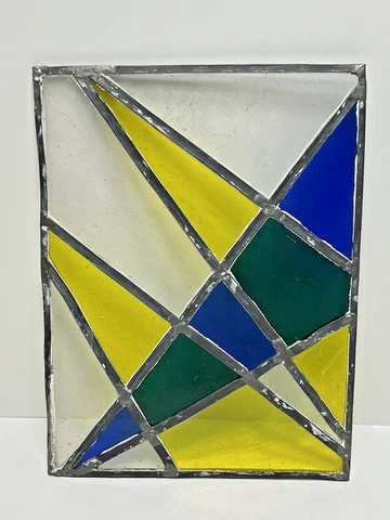 Old Geometric Leaded Multi-Color Church Stained Glass Window Pane 9.25" x 12" Cover