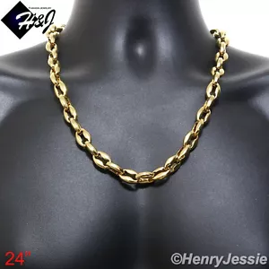24"MENStainless Steel HEAVY 12mm Gold Plated Puffed Mariner Chain Necklace*GN147 - Picture 1 of 3