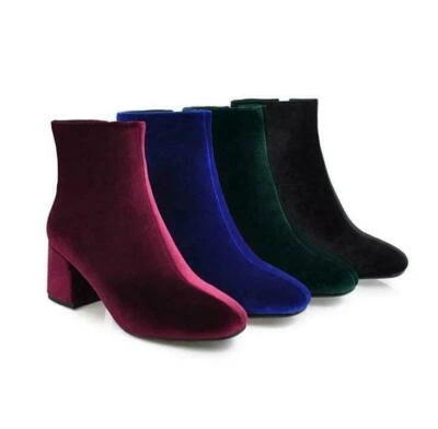 Women's Zip Dress Office Mid Block Heel Velvet Fashion Casual Ankle Boots Shoes - Image 1 of 4