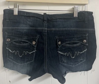 Pantalones Cortos Vaqueros Vaqueros Usados en Excelente Condición Junior Rue21 Elastizados Oscuros Tiro Bajo Dobladillo Crudo Talla 7/8 Foto 1 de 4