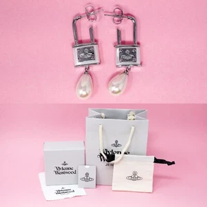 Vivienne Westwood Earrings Silver Plated White Orb Padlock Dangles Gift Box Set - Picture 1 of 11