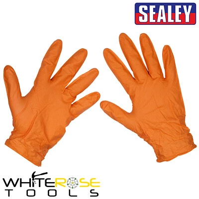 Sealey Nitrile Gloves Orange Diamond Grip Extra-Thick Powder-Free Gloves XL 50 - Image 1 of 2