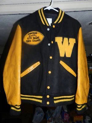 Винтажная черная и желтая куртка DeLong Wichita West GWFL Lettermans S (36) - Изображение 1 из 4