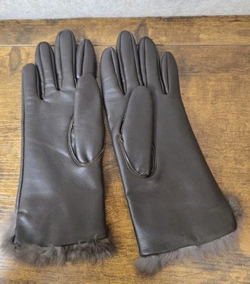 Guantes De Colección Van Raalte Piel De Conejo Borde Chocolate Marrón Damas Forrados Vinilo Talla A Foto 1 de 4