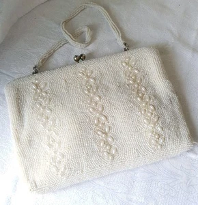 Vintage Evening Bag Cream Glass Beaded Bag Foreign Coin Purse & Mirror C50s 60s - Picture 1 of 13