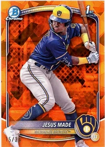 Zafiro Bowman 2025 - 1er arquero hecho por Jesús - naranja #15/25 - Brewers RC #BCP50 - Imagen 1 de 3