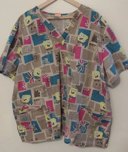 Nickelodeon Spongebob Scrub Top Womens 3x Beige V-Neck Double Pockets Uniform - Picture 1 of 9