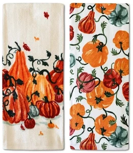 Celebrate Fall Orange Pumpkins Toss Velour Terry Kitchen Tea Towels Set of 2 - Picture 1 of 3
