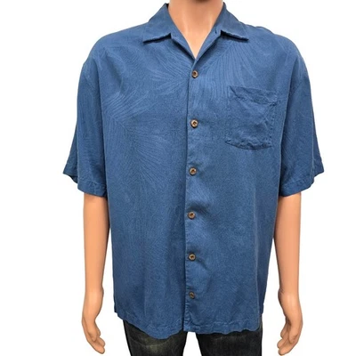 Tommy Bahama Silk Tropic Isles Shirt Palm Leaf Print Men XL Blue Short Sleeve  - Image 1 of 4