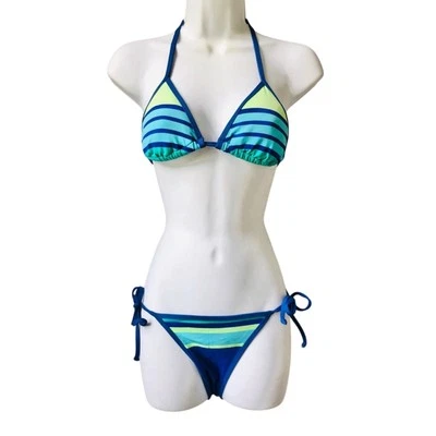 XS Hobie Bright Blue Green Stripe Halter Triangle Bikini Set Adjustable Straps  - Image 1 of 4