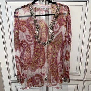 Monique Leshman Multicolor Paisley Beaded Boho Swim Coverup Tunic Large - Picture 1 of 6