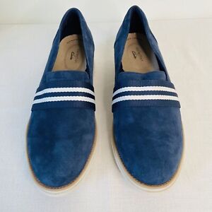 Clarks Sharon Bay Low Wedge Slip On Casual Shoes Loafers Navy Suede Size 11