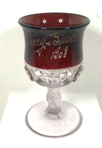 Antique EAPG Ruby Flash Glass Cordial Stem Glass Etched Harry Buckles 1908 - Picture 1 of 8